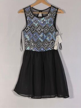 NWT Love Reign Black Blue Sequin Fit & Flare Party Dress Size 1